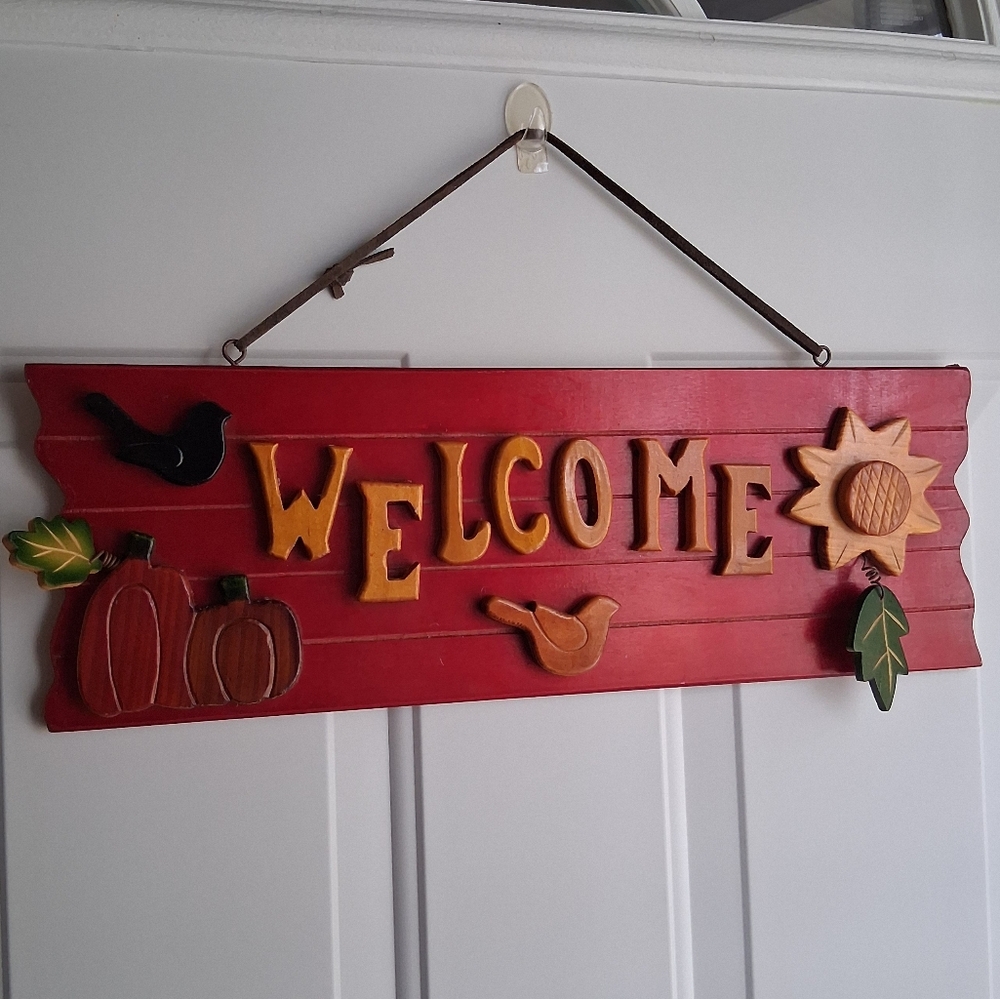 Welcome Sign Wood Hand Carved Pumpkin Sunflower Fall Bird
